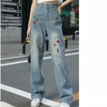 Женские широкие джинсы с вышивкой в синюю полоску, повседневные небольшие мешковатые прямые брюки с высокой талией и драпировкой, лето 2023