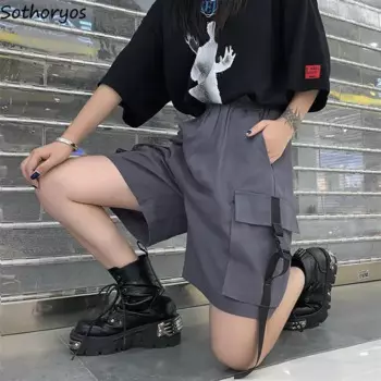 Женские шорты-карго до колен, Стильные шорты унисекс с множеством карманов, Женская прямая тактическая уличная одежда в стиле милитари, парные шорты с высокой талией