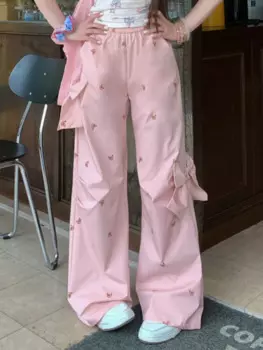 Женские спортивные брюки ADAgirl Kawaii Bear с принтом и бантом, розовые спортивные брюки Y2k мешковатые карго с высокой талией, парашютные брюки Cutecore