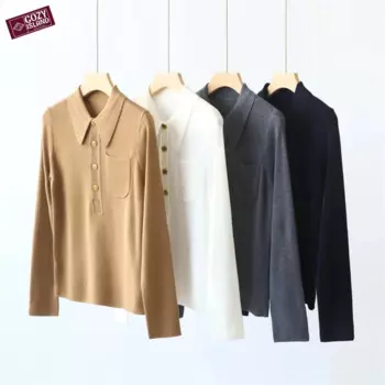 Женские свитера с воротником-поло, Осенние шерстяные трикотажные облегающие топы с карманами, пуловеры с длинным рукавом, однотонные вязаные джемперы