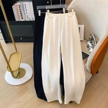 Женские свободные брюки большого размера на весну/осень, Повседневные Удобные брюки черного и абрикосового цвета с эластичным поясом и карманами, простые широкие брюки, большие размеры