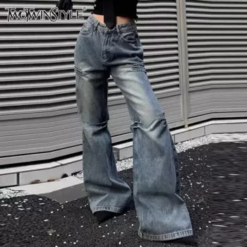 Женские свободные джинсы TWOTWINSTYLE, повседневные минималистичные однотонные джинсы составного кроя с высокой талией,