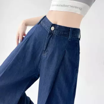 Женские свободные джинсы Y2k, повседневные мешковатые джинсы с широкими штанинами, модные джинсы 2024, джинсовые брюки на молнии, джинсы темно-синего цвета с высокой талией