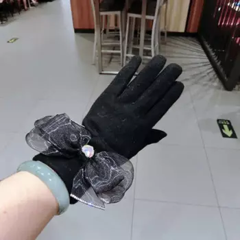 Женские теплые кашемировые перчатки, зимние плотные кружевные перчатки с бантом для сенсорных экранов в Корейском стиле, с бриллиантами и бархатным утеплителем