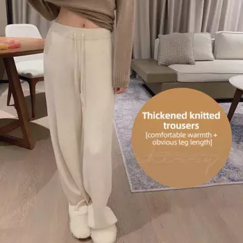 Женские Теплые Зимние удобные брюки, Осенние вязаные прямые тренировочные брюки, женские мягкие повседневные длинные широкие брюки с высокой талией
