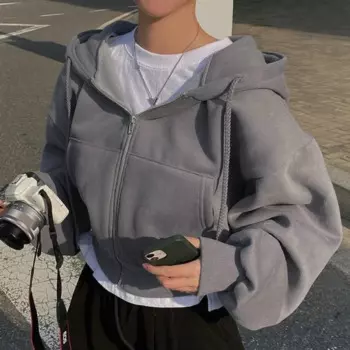 Женские толстовки 2024, осенние однотонные толстовки в стиле ретро на молнии, большие толстовки в стиле Харадзюку, корейская версия, куртки с капюшоном и длинными рукавами