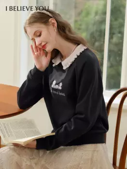Женские толстовки с флисовой подкладкой I BELIEVE YOU, свободные зимние топы с двумя кукольными воротниками, новинка 2023, шерстяной утепленный мягкий джемпер, 2234195461