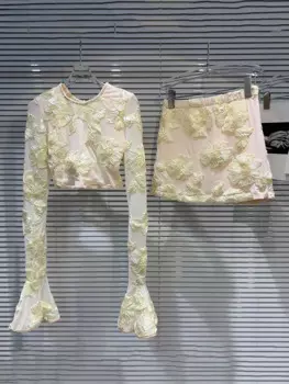 Женские Топы с длинным рукавом и цветочной вышивкой, комплект эластичных юбок с высокой талией, модные женские костюмы, лето, 2024 г.