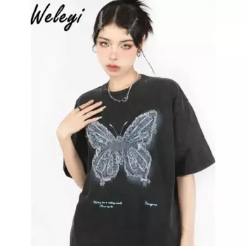 Женские топы в стиле оверсайз Y2k, лето 2024, милые универсальные американские ретро-топы с вышивкой бабочки, стираемые нейтральные Фотообои