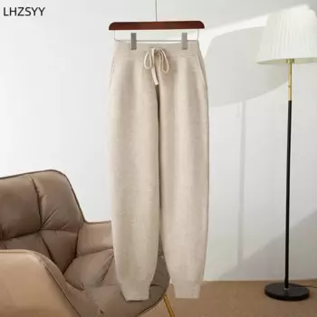 Женские трикотажные брюки из шерсти мериноса, с высокой талией