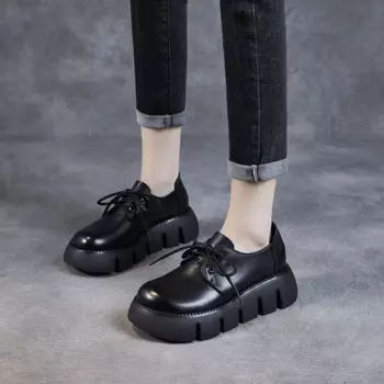 Женские туфли из натуральной кожи, туфли на толстой подошве Matsuke, туфли на толстом каблуке, британские маленькие кожаные туфли на шнуровке, обувь Lefu