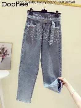 Женские укороченные брюки-султанки со стразами в Корейском стиле, новинка 2023, облегающие джинсовые брюки с высокой талией для лета и осени