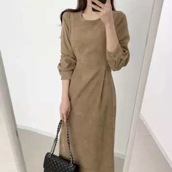 Женские вельветовые платья с длинным рукавом, элегантное женское платье-трапеция, роскошное весеннее праздничное однотонное платье-миди цвета хаки с высокой талией, 2022