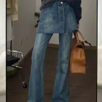 Женские винтажные джинсовые брюки-клеш, повседневные брюки из денима с высокой талией, с имитацией двух джинсов, 2024