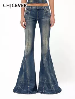 Женские винтажные джинсовые брюки-клеш с заклепками, на молнии