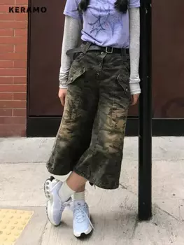 Женские винтажные джинсовые шорты с высокой талией и принтом, Мешковатые стильные шорты в Корейском стиле, модные широкие женские джинсовые шорты Y2K