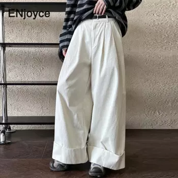 Женские винтажные фланцевые широкие брюки, осень 2024, Женская рабочая одежда, повседневные хлопковые мешковатые брюки с высокой талией, женские штаны, штаны карго