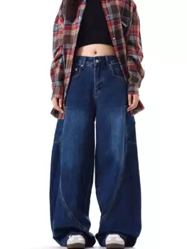 Женские винтажные мешковатые синие брюки с широкими штанинами, модные джинсы для девочек, женские прямые брюки с высокой талией и большими карманами