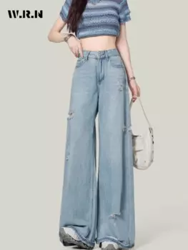 Женские винтажные потертые повседневные рваные брюки Y2K мешковатые японские джинсовые брюки в стиле 1920-х уличные синие джинсы с высокой талией в стиле ретро