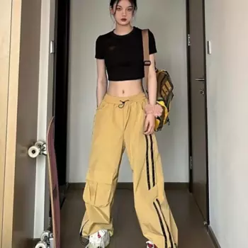Женские винтажные широкие брюки-карго, желтые свободные брюки с карманами и высокой талией, прямые брюки, уличные летние брюки