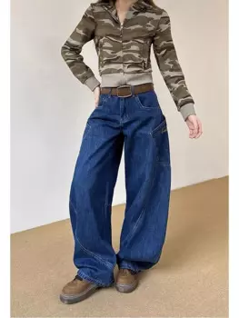 Женские винтажные синие стильные мешковатые брюки с широкими штанинами, модные джинсы для девочек, женские прямые брюки с высокой талией и большими карманами