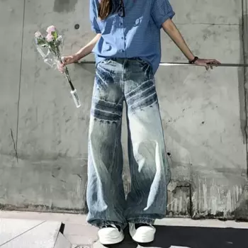 Женские винтажные стиральные синие джинсы унисекс, крутые повседневные брюки для девочек, женские модные джинсовые брюки с высокой талией и широкими штанинами