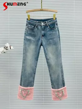 Женские замшевые джинсы, укороченные джинсы, новинка зимы 2024, уличная одежда, женские прямые джинсовые брюки из флиса с высокой талией и бриллиантами