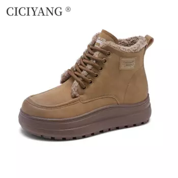 Женские зимние ботинки CICIYANG на плоской подошве, новинка 2024, женские зимние ботинки, Нескользящие, на шнуровке, на платформе, модные женские ботинки