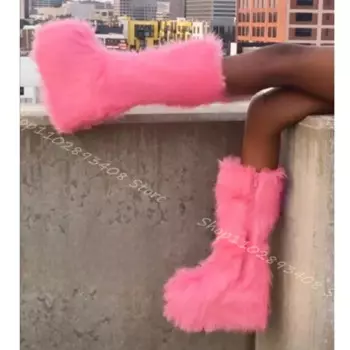 Женские зимние ботинки на платформе, розовые теплые ботинки на молнии, с круглым носком, с меховым декором, большие размеры, 2023