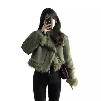 Женские зимние пальто из искусственного меха 2024 теплая пушистая куртка винтажная Кожаная Байкерская модная Короткая Меховая верхняя одежда ветрозащитные куртки