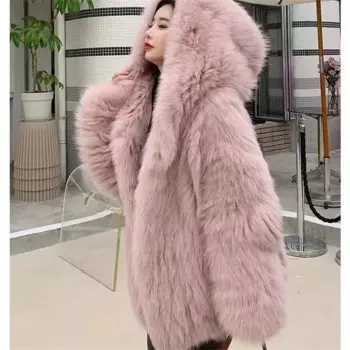 Женские зимние теплые куртки из искусственного меха, роскошное пальто с капюшоном, Высококачественная пушистая куртка, модное плотное Женское пальто из искусственного меха