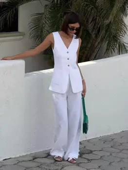 Женский элегантный комплект из 2 предметов, Белый однобортный жилет с V-образным вырезом и брюки, повседневный модный костюм с простыми брюками, лето