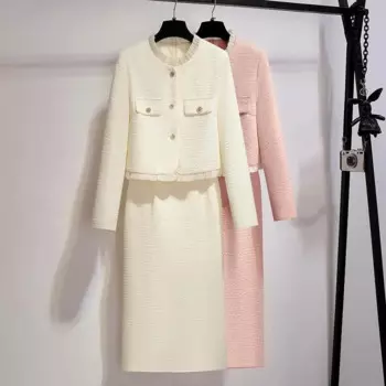 Женский элегантный костюм-двойка Lnsozkdg, розовый костюм во французском стиле из куртки с длинным рукавом и бахромой и юбки-трапеции средней длины, весенние женские костюмы с юбкой, 2024