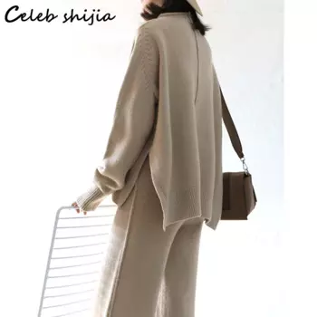 Женский элегантный костюм из 2 предметов, свитер с круглым вырезом и брюки с эластичным поясом, СВОБОДНЫЙ Модный костюм в Корейском стиле на осень и зиму