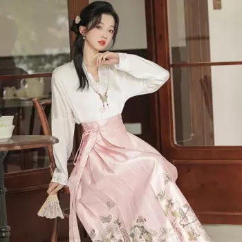 Женский элегантный нежный комплект Hanfu, новый улучшенный китайский стиль Hanfu, розовая юбка с конским лицом, белая рубашка, винтажный костюм Mamianqun