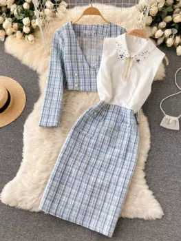 Женский элегантный офисный комплект из двух предметов, тонкая куртка в клетку и облегающее платье средней длины, корейские костюмы в клетку, синего цвета, весна-осень