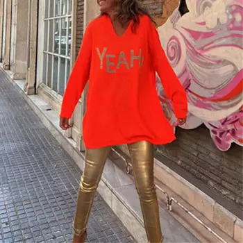 Женский элегантный свитер с буквенным принтом, толстовки, осень-зима, повседневный свободный пуловер, толстовка, модный джемпер с v-образным вырезом и длинными рукавами, топы