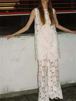 Женский ажурный костюм, Белый Топ без рукавов с круглым вырезом и длинные брюки с высокой талией, лето 2024