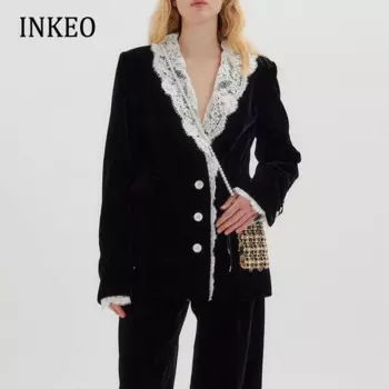 Женский бархатный блейзер INKEO 2O108, модный костюм в Корейском стиле с кружевными вставками, верхняя одежда высокого качества для осени, 2022
