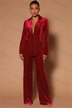 Женский бархатный костюм-двойка, блейзер и брюки с кристаллами