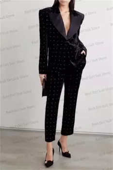 Женский бархатный костюм из двух предметов, черный костюм из блейзера и брюк с бусинами на заказ, женское офисное платье для выпускного вечера, блейзер и жакет для выпускного вечера