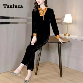 Женский бархатный костюм из двух предметов, дизайнерский костюм в китайском стиле с топом с капюшоном и широкими брюками с высокой талией, осенний костюм с кисточками и дисковыми пряжками