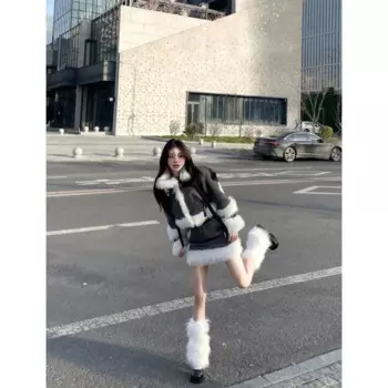 Женский бархатный костюм из двух предметов, комплект из двух предметов с меховой вставкой и юбкой в стиле пэчворк, мягкий клейкий крутой плюшевый теплый зимний костюм в Корейском стиле