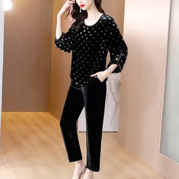 Женский бархатный костюм с цветочным принтом, элегантная повседневная блузка в Корейском стиле и черные брюки, костюм из двух предметов, Осень-зима 2024