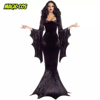 Женский бархатный костюм ведьмы, винтажное черное готическое платье русалки Morticia с рукавами «летучая мышь», женский костюм