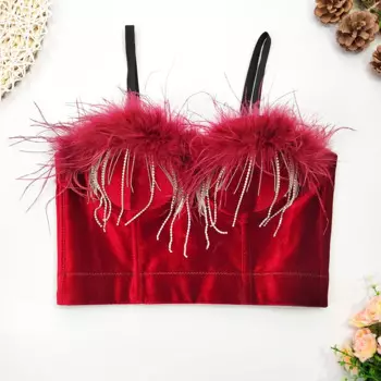 Женский бархатный топ без косточек без косточек с кисточками из перьев, ромбовидные цепочки для рождественского костюма, бюстгальтер пуш-ап, нижнее белье, нижнее белье