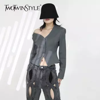 Женский блейзер на пуговицах TWOTWINSTYLE, однотонный блейзер с диагональным воротником и длинными рукавами в минималистском стиле на лето