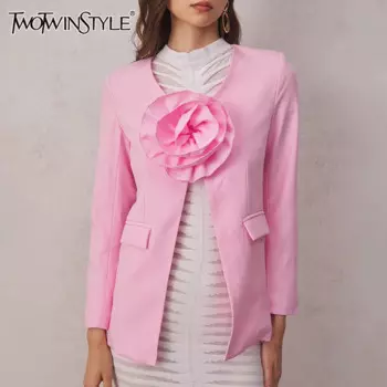 Женский блейзер на пуговицах TWOTWINSTYLE, повседневный однотонный Блейзер составного кроя с аппликацией, V-образным вырезом и длинными рукавами,