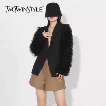 Женский блейзер с отложным воротником TWOTWINSTYLE, голубой однотонный Повседневный блейзер с сетчатыми вставками, на пуговицах,