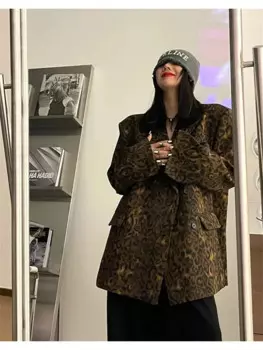 Женский блейзер в стиле ретро, свободный пиджак с леопардовым принтом, верхняя одежда, весна-осень 2024